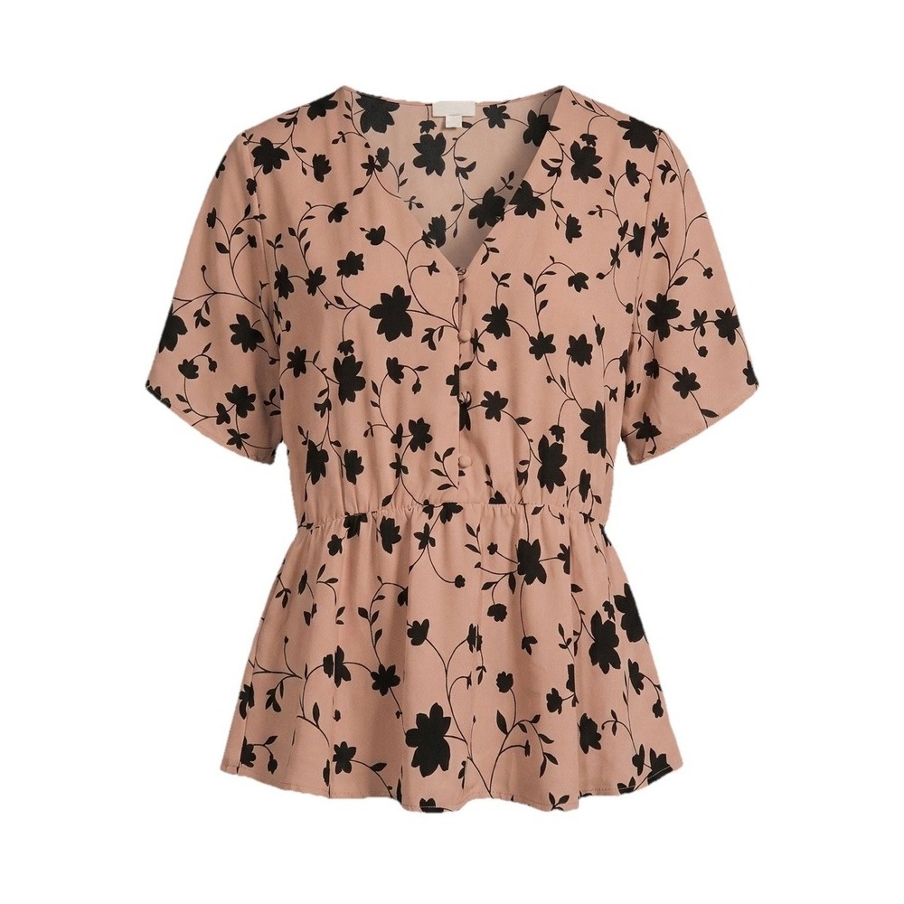 Sienna Sky Women's Large Peplum Blouse Tan Black Floral V-Neck Button Front Top
